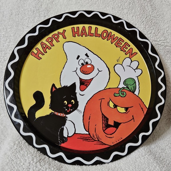 Vintage Happy Halloween Metal Serving Cookie Tray Ghost Black Cat Pumpkin - Picture 1 of 5
